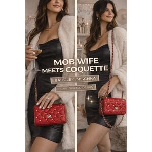 Badgley Mischka Red Quilted Pearl Crossbody Bag Vegan Leather